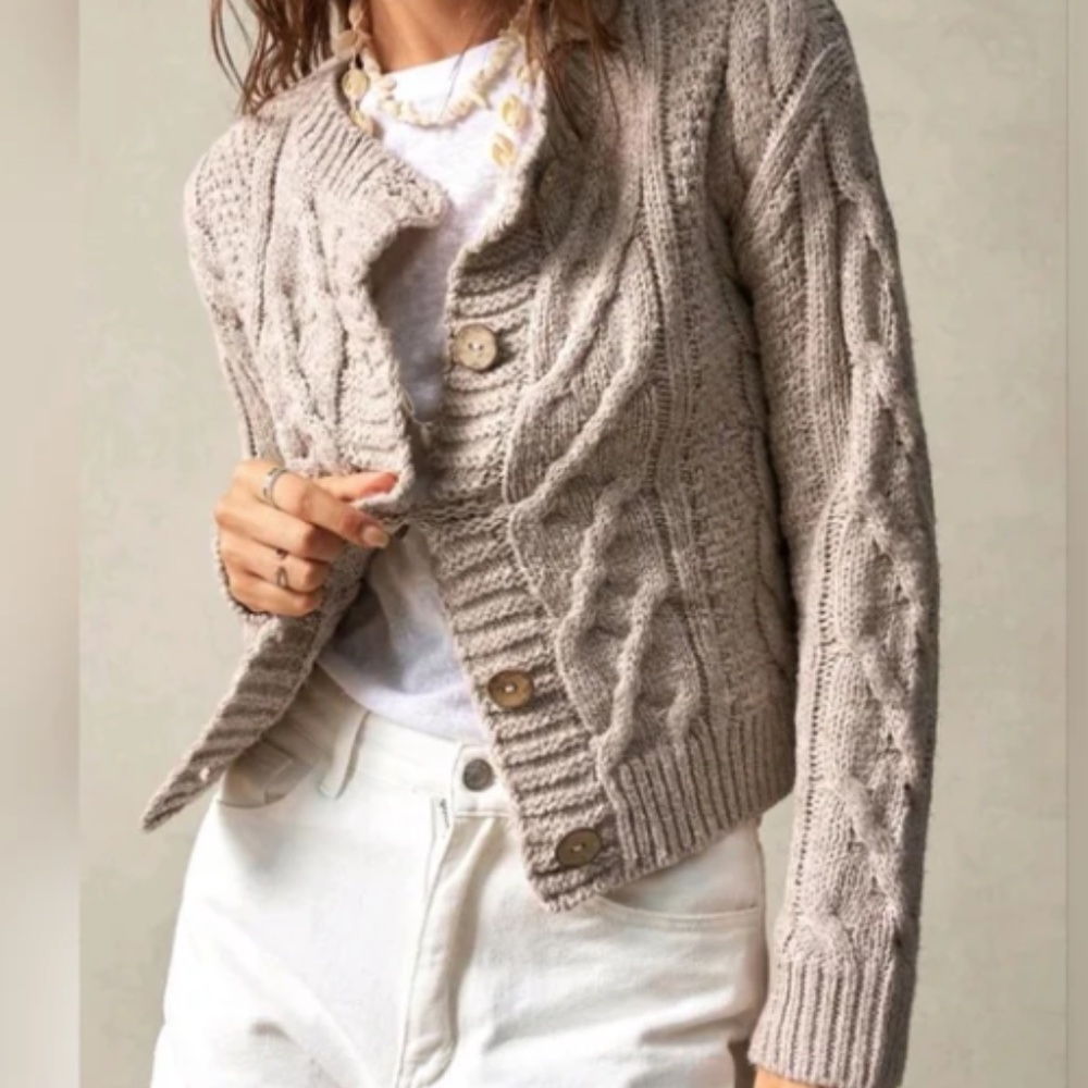 New Chic Mixed Cable Knit Button Down Cardigan Sweater Beige Tan